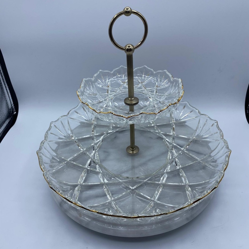 Vintage Mikasa Crystal Hampshire 2 Tier Gold Rim Glass Serving Stand Tray 12in